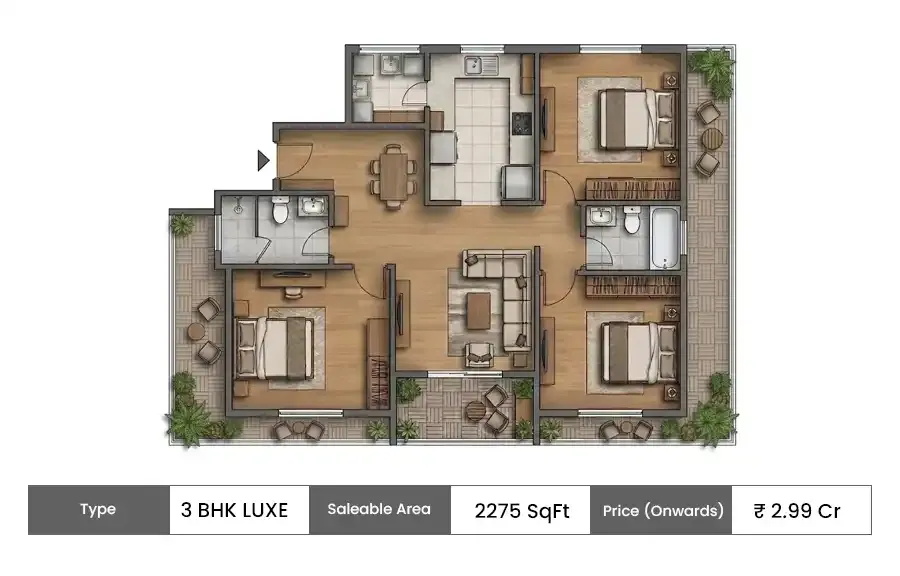 BARCA at Godrej MSR City 3 BHK Luxe floor plan, 2275 sq ft saleable area