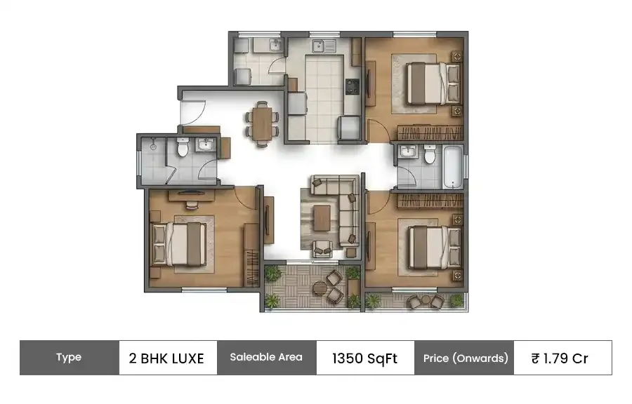 BARCA at Godrej MSR City 2 BHK Luxe floor plan, 1350 sq ft saleable area